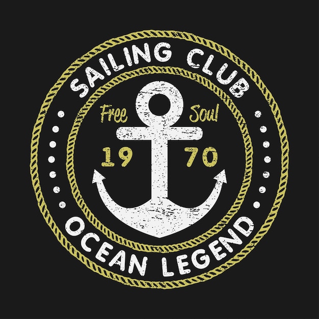 Tipografía grunge Sailing Club para camisetas de ropa de diseño con ancla y cuerda