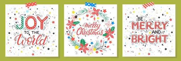 Tipografía de Navidad y año nuevo Conjunto de tarjetas navideñas con saludos y estrellas.
