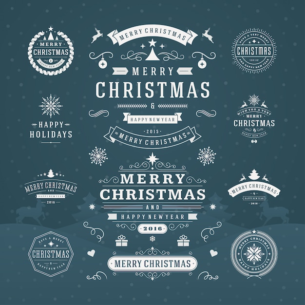 Tipografía navideña ornamentada etiquetas e insignias