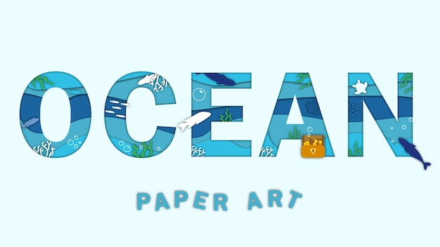 Tipografía oceánica con arte de papel de biota marina