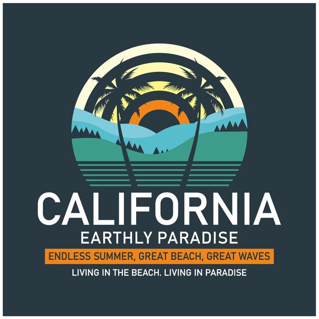 Tipografía de paraíso terrenal de california con palmeras vector premium