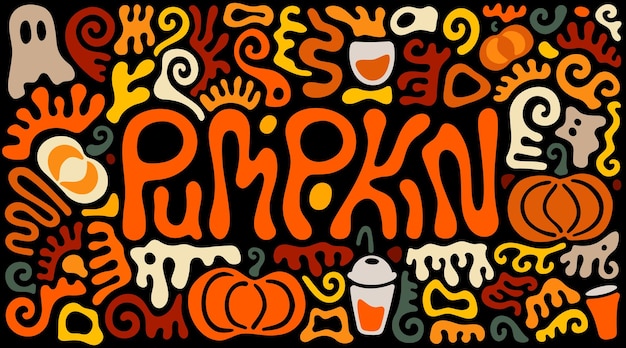 Tipografía y patrón en forma de garabato de calabaza para fines de embalaje o menú