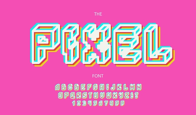 Tipografía de píxeles vectorial estilo neón para pancartas infografías movimiento gráfico cartel de fiesta libro música camiseta volante decoración impresión industrial tipo de letra cool alfabeto de moda 10 eps