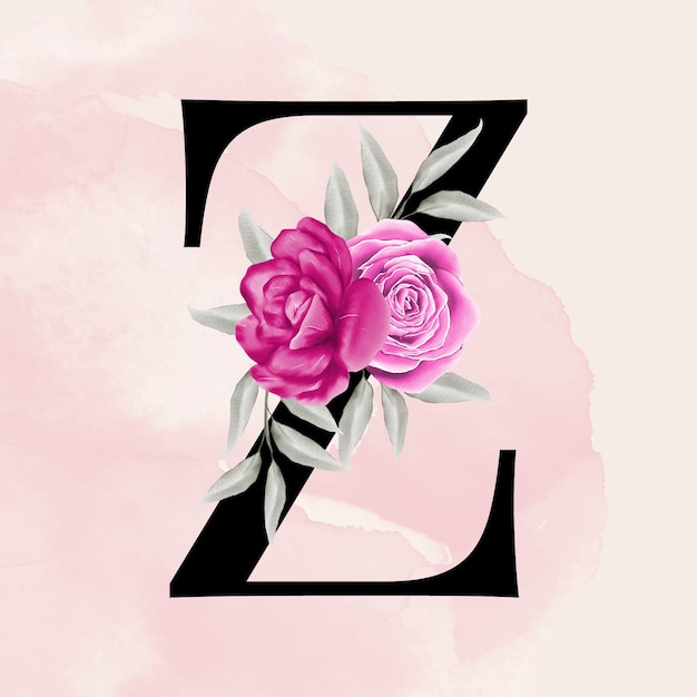 Tipografía romántica de fuente de letra z negra con fondo floral de acuarela rosa