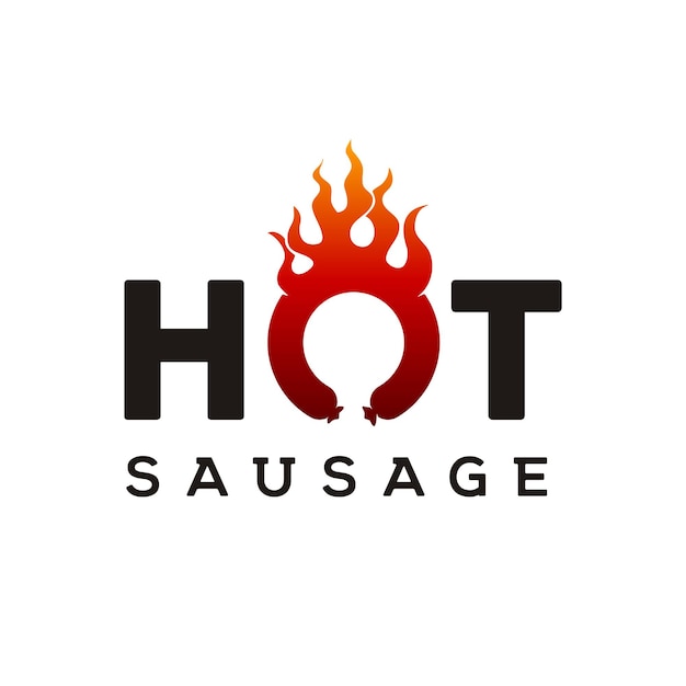 Tipografía de salchicha caliente con llama de fuego para el diseño del logotipo BBQ Grill Barbecue