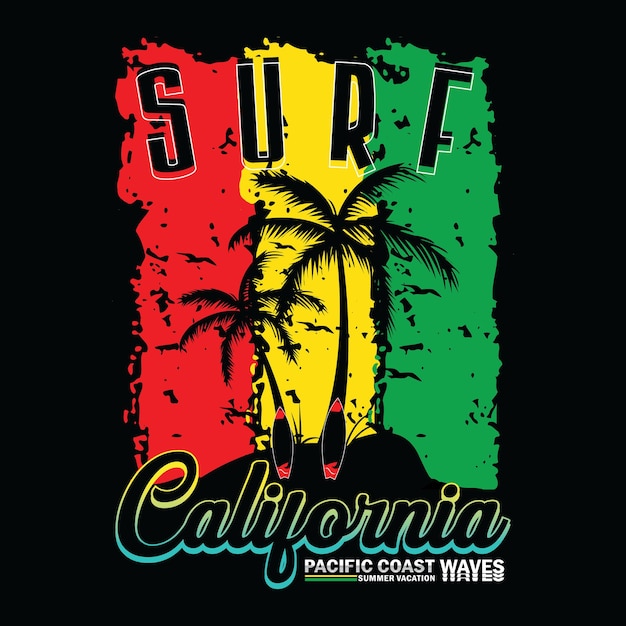 tipografía de surf california costa pacífica con palmeras ilustración arte vectorial