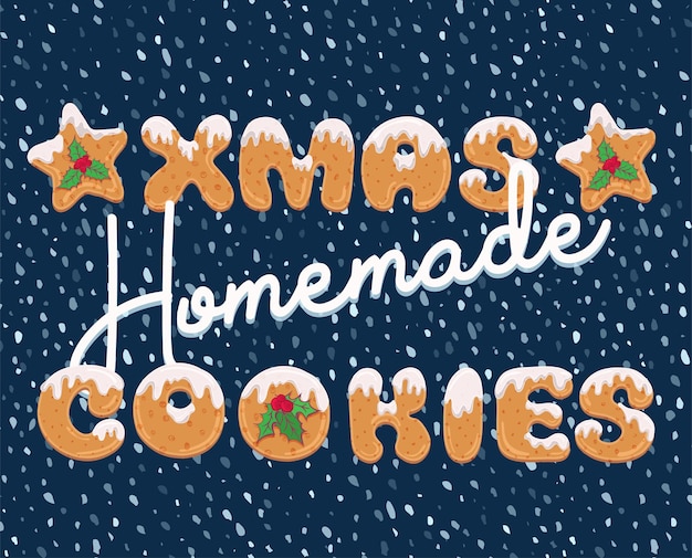 Vector tipografía tarjeta de felicitación navideña en estilo de dibujos animados con forma de texto de galletas caseras letras de garabatos de navidad para banner invitación cartel etiqueta postal