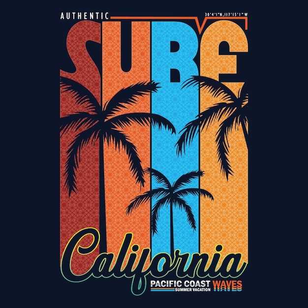 Tipografía de vacaciones de surf de california con palmeras ilustración arte vectorial