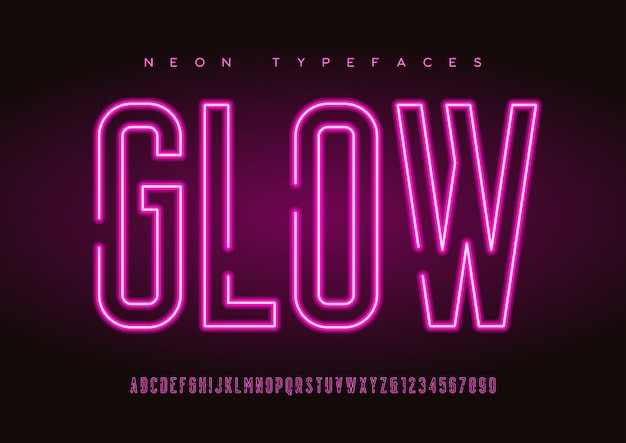 Tipografías de neón lineal de vector brillante, alfabeto, letras, fuente, t