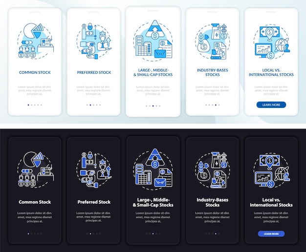 Tipos de acciones que incorporan la pantalla de la página de la aplicación móvil con conceptos