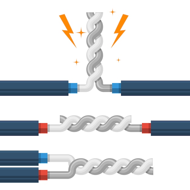 Vector tipos de alambres retorcidos, cortocircuito de cables de alto voltaje, falla en derivación, cortocircuito