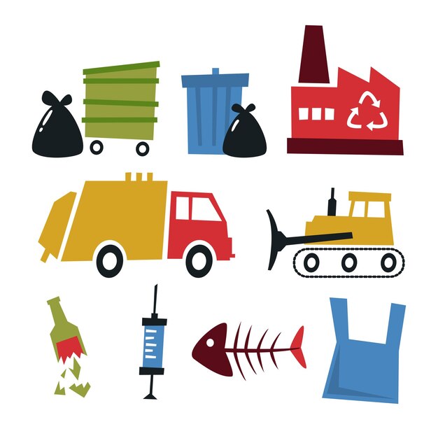 Tipos de basura conjunto Contenedores bolsas de fábrica camión excavadora tipos de basura conjunto de ilustración de estilo plano vectorial