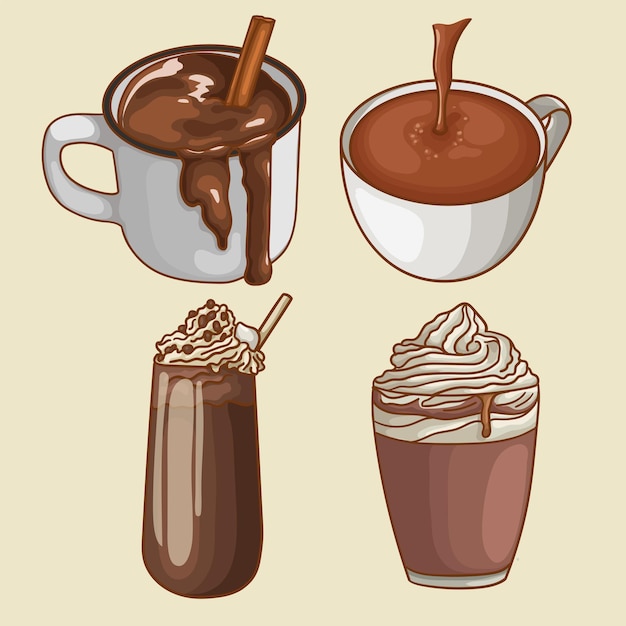 Vector tipos de bebida de chocolate caliente para la estación fría.