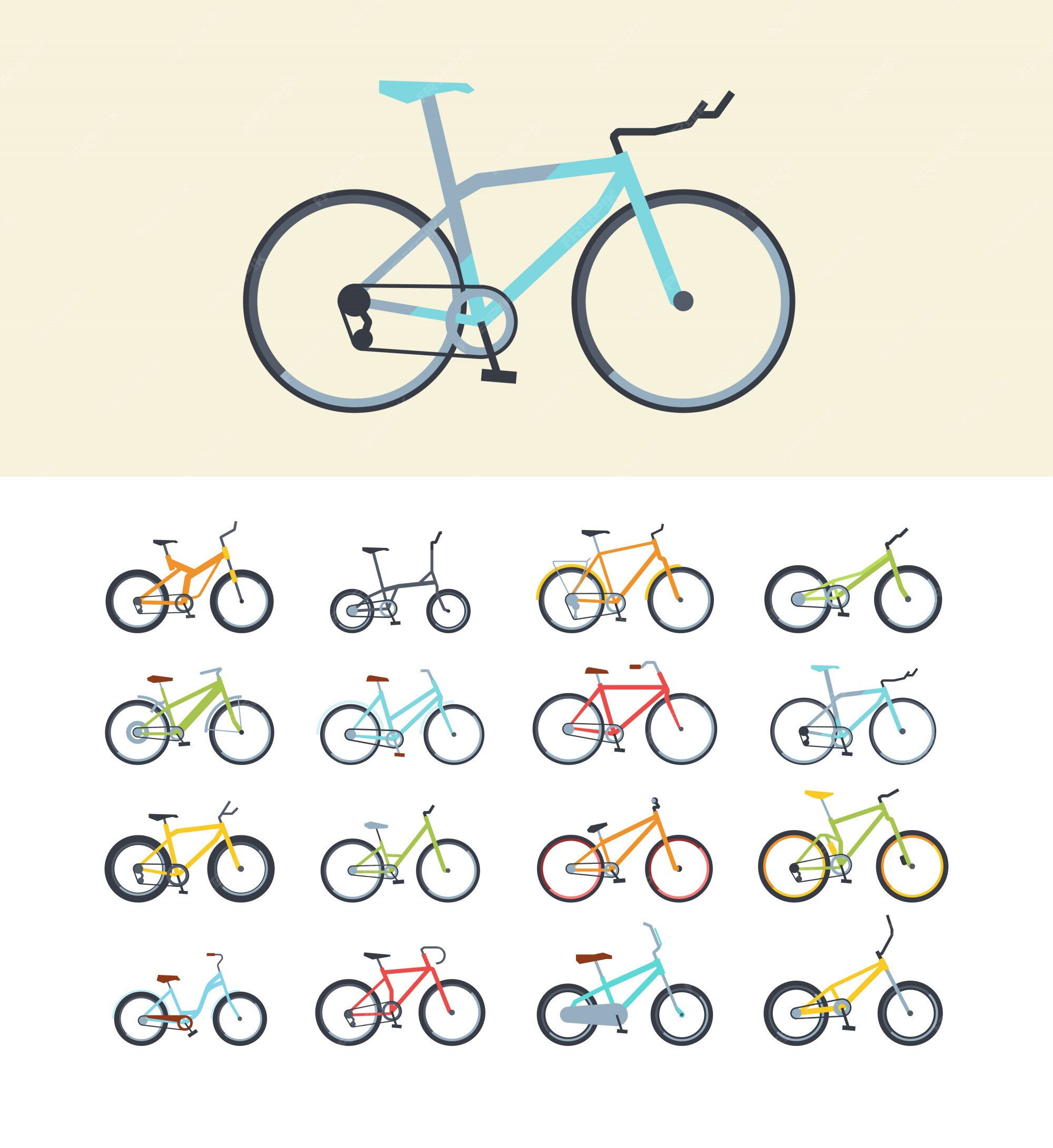 Tipos de bicicletas modernas conjunto ilustraciones vectoriales planas | Vector