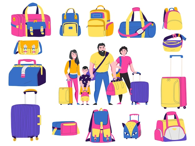 Tipos de bolsas de viaje con símbolos de turismo y vacaciones ilustraciones vectoriales aisladas planas
