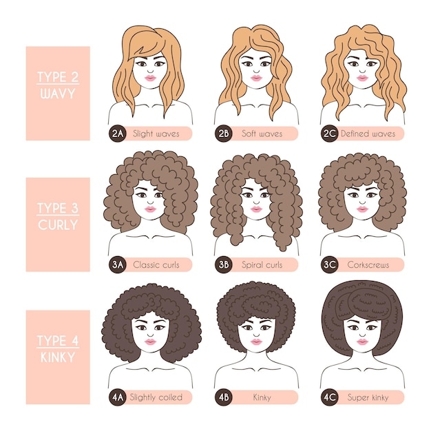 Vector tipos de cabello rizado dibujados a mano con mujeres.