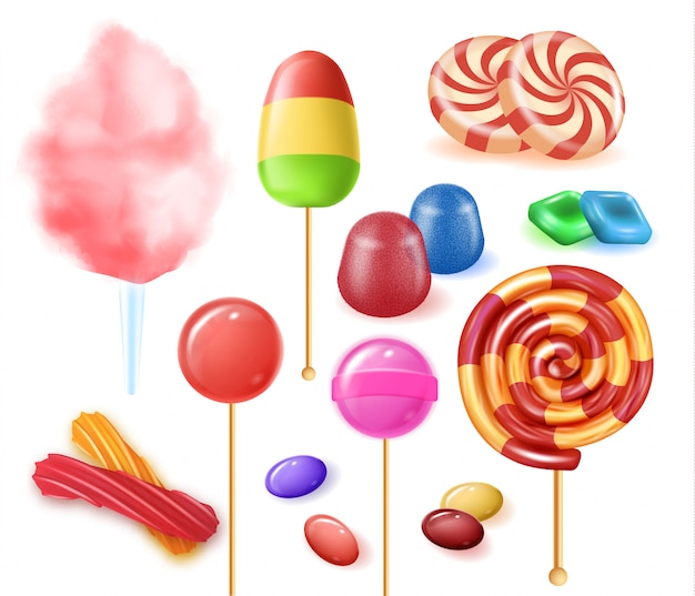 Vector tipos de caramelos de frutas de colores sobre fondo blanco.