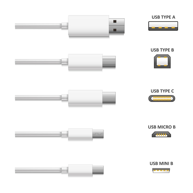 Vector tipos de conectores y cables usb blancos 3d detallados y realistas establecen el concepto de tecnología de comunicación ilustración vectorial del enchufe