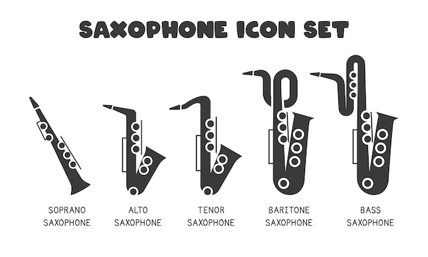 Tipos de conjunto de iconos de web plana de saxofón Soprano alto tenor barítono saxofón bajo diseño de logotipo
