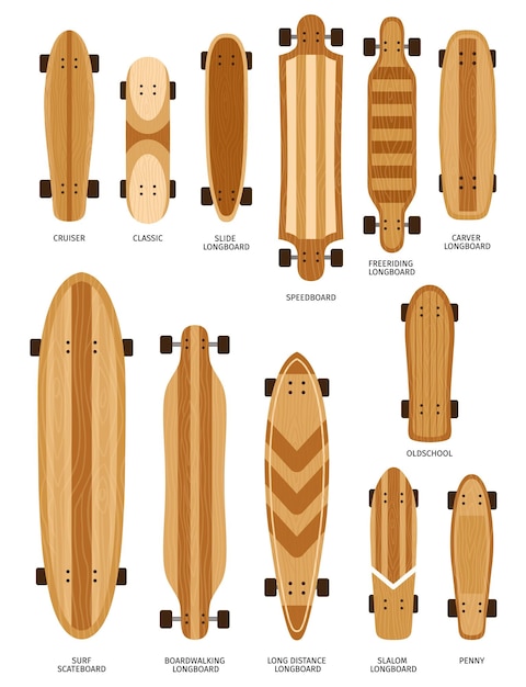 Tipos de cubiertas de patinetas de dibujos animados, tamaños y formas Deslice longboard surf skateboard penny cruiser y el clásico conjunto de vectores de forma de patinetas