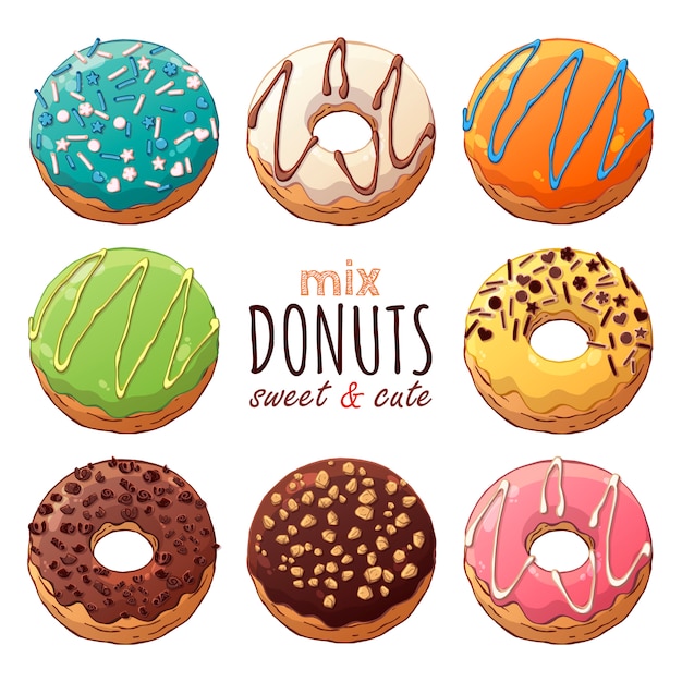 Tipos de donuts vector decorados con ingredientes