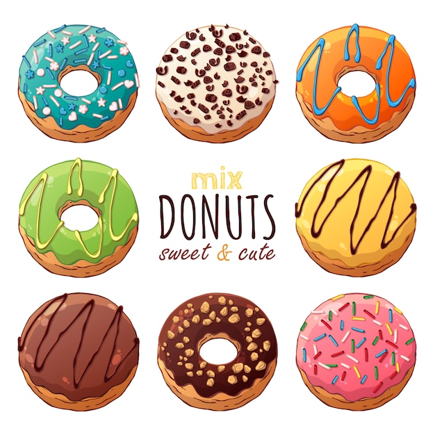 Tipos de donuts vector decorados con ingredientes