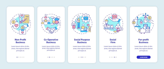 Tipos de emprendimientos sociales que incorporan la pantalla de la página de la aplicación móvil