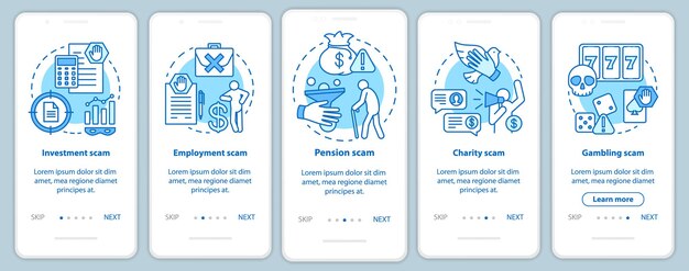 Tipos de estafa que incorporan la pantalla de la página de la aplicación móvil con conceptos lineales. Instrucciones gráficas de cinco pasos de recorrido. Fraude de inversiones y pensiones. UX, UI, plantilla vectorial GUI con ilustraciones