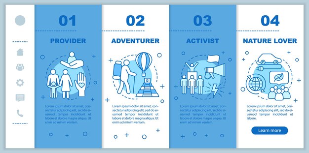 Tipos de estilo de vida que incorporan la plantilla vectorial de páginas web móviles. Amante de la naturaleza. Idea de interfaz de sitio web de teléfono inteligente sensible con ilustraciones lineales. Pantallas paso a paso del tutorial de la página web. concepto de color
