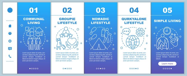 Tipos de estilo de vida que incorporan la plantilla vectorial de páginas web móviles. Comunitario, nómada. Idea de interfaz de sitio web de teléfono inteligente sensible con ilustraciones lineales. Pantallas paso a paso del tutorial de la página web. concepto de color