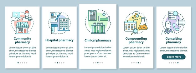 Tipos de farmacia que incorporan la pantalla de la página de la aplicación móvil con conceptos lineales. Farmacología hospitalaria, clínica. Instrucciones gráficas de cuatro pasos de tutorial. UX, UI, plantilla de vector de GUI con ilustraciones