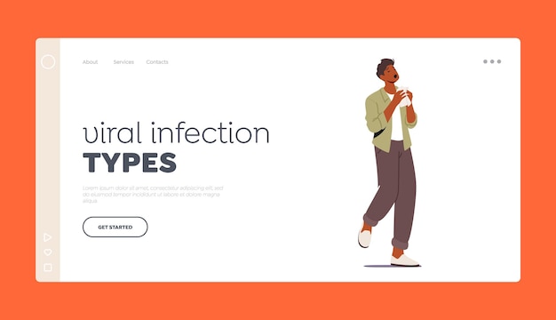 Tipos de infección viral, plantilla de página de destino de síntomas de enfermedad de gripe e influenza. Hombre enfermo estornudando, personaje masculino enfermo tos en toallitas sufren de virus del resfriado contagioso. Ilustración vectorial de dibujos animados