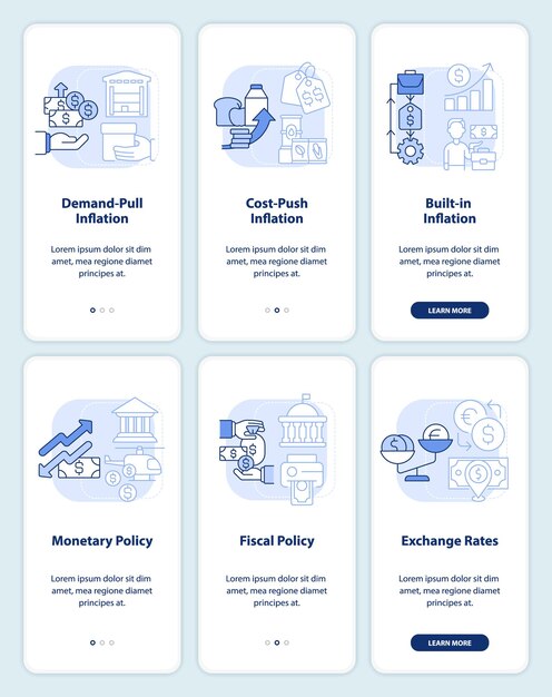 Tipos de inflación y causas conjunto de pantalla de aplicación móvil de incorporación azul claro