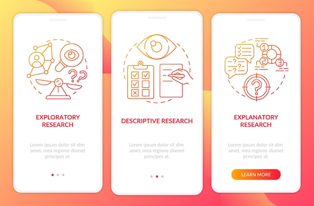 Tipos de investigación científica que incorporan la pantalla de la página de la aplicación móvil con conceptos. Tutorial de investigación exploratoria 5 pasos. Plantilla de interfaz de usuario con ilustraciones en color RGB