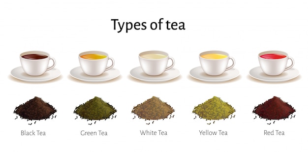 Tipos de juego de té, tazas de porcelana con bebida
