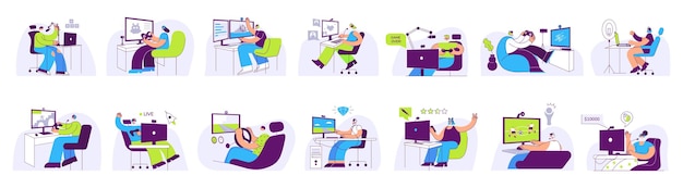 Tipos de jugadores Streamer de juegos podcasters y jugadores de juegos en línea con auriculares vector