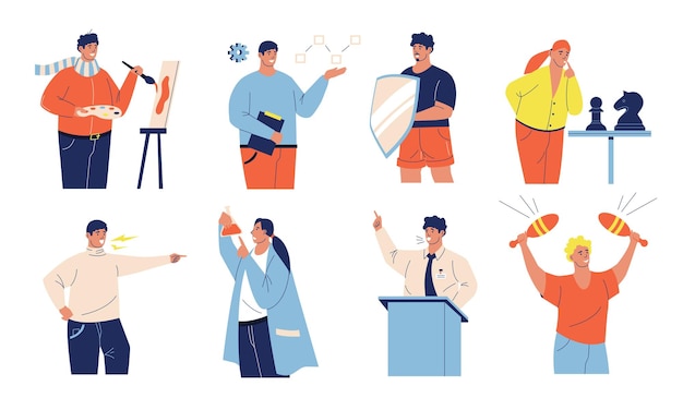 Tipos de MBTI Persona de dibujos animados con diferentes personalidades pensamiento y comportamiento Extrovertido o introvertido Pensador sentidor juez perceptor mentalidad Sensor e intuitivo hombres Vector individualidades humanas conjunto