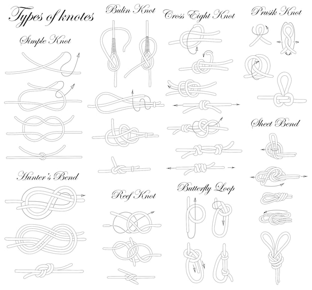 Tipos de nudos ilustración de la secuencia de atar nudos de diversa complejidad