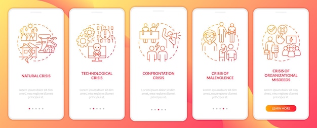 Tipos de pantalla de aplicación móvil de incorporación de degradado rojo de crisis