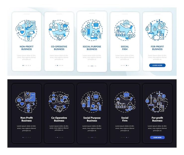 Vector tipos de pantalla de la página de la aplicación móvil de incorporación oscura y clara de negocios sociales. tutorial de instrucciones gráficas de 5 pasos con conceptos. ui, ux, plantilla de vector gui con ilustraciones lineales en modo día y noche