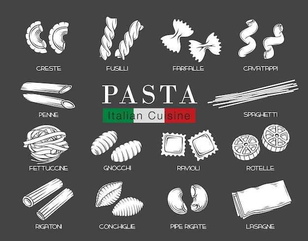 Tipos de pasta italiana o macarrones, glifo blanco sobre negro ilustración