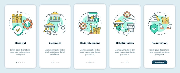 Tipos de preservación del patrimonio incorporación de la pantalla de la aplicación móvil tutorial de guardado 5 pasos páginas de instrucciones gráficas con conceptos lineales ui ux plantilla de gui myriad probold fuentes regulares utilizadas