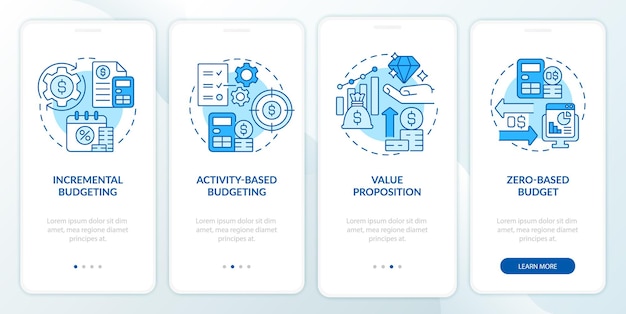 Tipos de presupuesto pantalla de aplicación móvil de incorporación azul. Guía de enfoques de planificación a través de páginas de instrucciones gráficas de 4 pasos con conceptos lineales. Interfaz de usuario, UX, plantilla de interfaz gráfica de usuario. Myriad Pro-Bold, fuentes regulares utilizadas