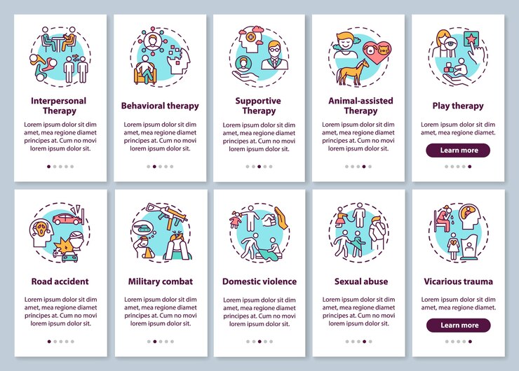 Los tipos de psicoterapia y el TEPT provocan la incorporación de la pantalla de la página de la aplicación móvil con un conjunto de conceptos