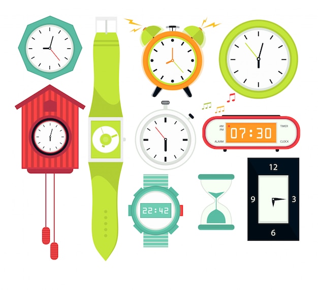 Vector tipos de relojes de alarma, digitales.