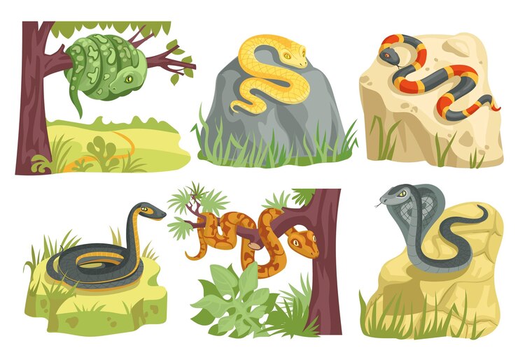 Vector tipos de serpientes reptiles rastreros escamosos con elementos de hábitats criaturas de la naturaleza de dibujos animados animales venenosos y asfixiantes serpiente real en piedra pitón en rama de árbol espléndido conjunto de vectores