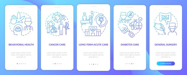 Tipos de servicios médicos pantalla de aplicación móvil de incorporación de degradado azul Recorrido de 5 pasos páginas de instrucciones gráficas con conceptos lineales UI UX Plantilla de GUI Myriad ProBold Fuentes regulares utilizadas