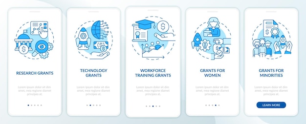 Tipos de subvenciones pantalla azul de la aplicación móvil de incorporación Programa para el recorrido empresarial Páginas de instrucciones gráficas de 5 pasos con conceptos lineales UI UX Plantilla de GUI Myriad ProBold Fuentes regulares utilizadas
