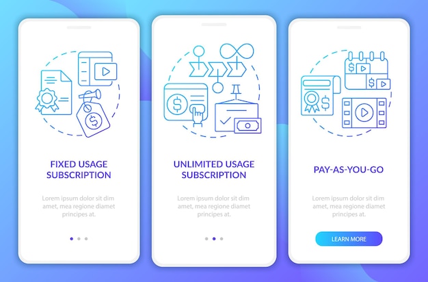 Tipos de suscripción pantalla de la aplicación móvil de incorporación de degradado azul Recorrido de 3 pasos páginas de instrucciones gráficas con conceptos lineales UI UX Plantilla de GUI Myriad ProBold Fuentes regulares utilizadas