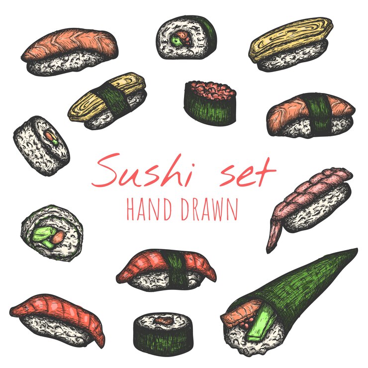 Tipos de sushi vector conjunto dibujado a mano, ilustraciones de boceto aislado.